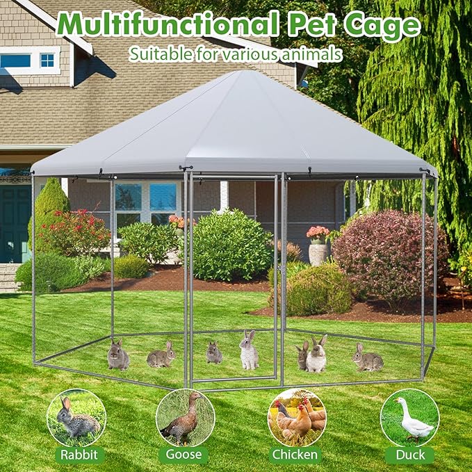Giantex Large Metal Chicken Run, 13ft Hexagon Walk-in Chicken Coop with Waterproof Cover, Heavy Duty Steel Frame, 12 Stakes, Outdoor Poultry Cage House Chicken Pen Hen Duck Habitat for Farm Yard