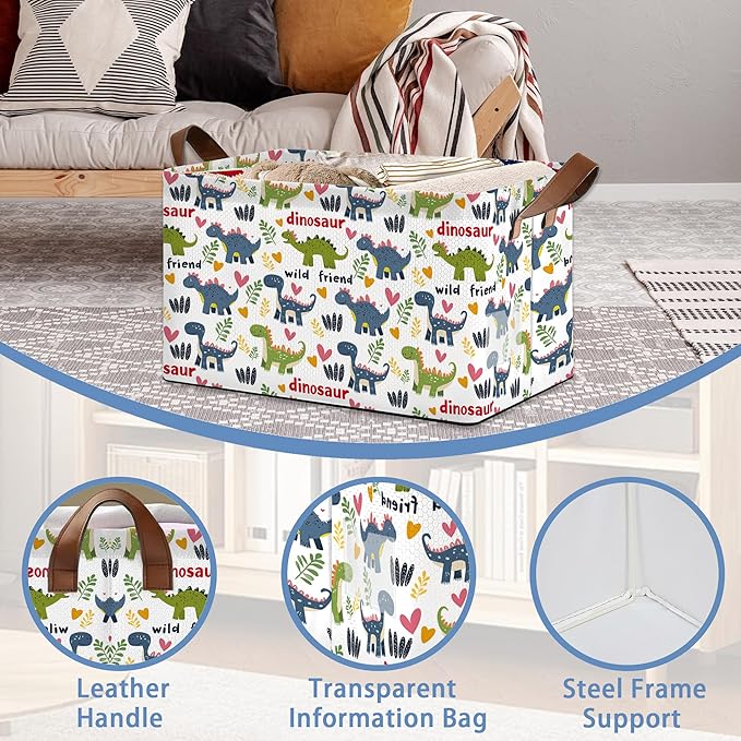 Cute Dinosaur Storage Basket,Fern Plant Collapsible Storage Bin Cubes for Living Room Bedroom Blankets Home Storage 17x11.5x10Inch