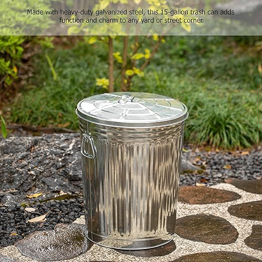 Gardenised Round Galvanized Steel 15 Gallon Trash Can with Lid and Handles Durable Metal Storage Bucket for Backyard Lawn Garden and Yard Use Weather-Resistant Garbage Can for Indoor and Outdoor