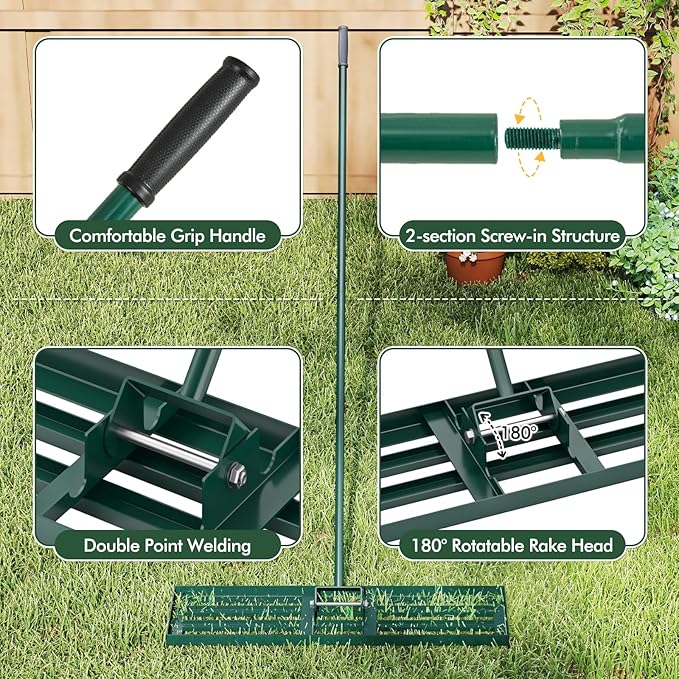 Happygrill Lawn Leveling Rake, Heavy Duty Lawn Level Tool for Soil w/67” Handle, Dirt Ground Leveler, Effort-Saving Landscape Rake for Garden, Backyard, Golf Course, Farm, Pasture (36" x 10", Green)
