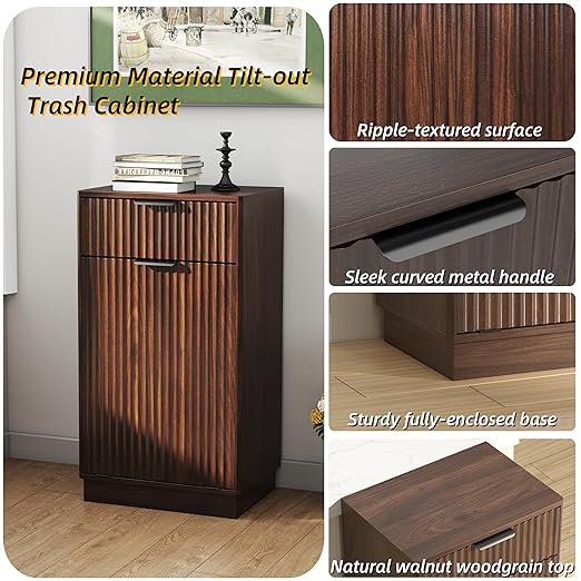 19 Inch Single 10 Gallon Wood Grain Tilt-Down Trash Can Cabinet with Storage Drawer,Wood Grooved Recycling Cabinet with Wave Texture Hidden Pull-Out Trash Can for Kitchen,Bathroom (Walnut-01)