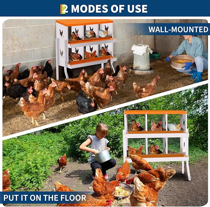 Chicken Nesting Boxes, 6-Hole Roll Away Nest Box for Chicken Coop, Metal Egg Laying Box with Perch & Lid Cover to Protect Eggs, Rollout Egg Collection, Vented Holes- with Legs Orange