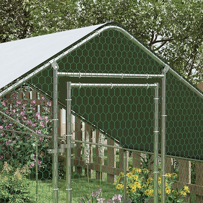 PawHut Large Chicken Coop Metal Chicken Run with Waterproof and Anti-UV Cover, Spire Shaped Walk in Fence Cage Hen House for Outdoor and Yard Farm Use, 1" Tube Diameter, 9.8' x 32.8' x 6.4'
