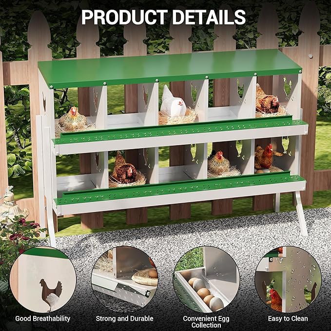 Heavy Duty Galvanized Metal Chicken Nesting Box - Rustproof Egg Laying Box for Hens with Slanted Roof, Rollout Design - Wall Mount or Freestanding Poultry Nest for Chicken Coop (10-Hole)