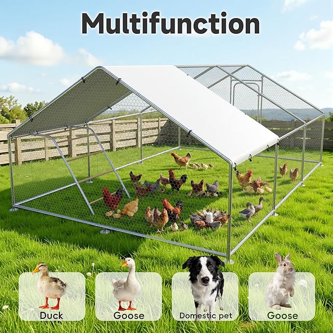 Large Metal Chicken Coop Run with Roosting Perch, Outdoor Waterproof & UV-Resistant Cover for Chickens, Ducks, Rabbits, and Hens in Yard or Farm Use Spire Roof (13.1'Wx19.7'Lx 6.5'H)