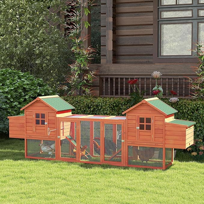 PawHut Dual Wooden Chicken Coop with Garden Bed, Large Outdoor Hen House with Nesting Boxes Removable Trays, Ramps Run, for Garden Backyard, 123" x 27.5" x 42.5", Natural Wood
