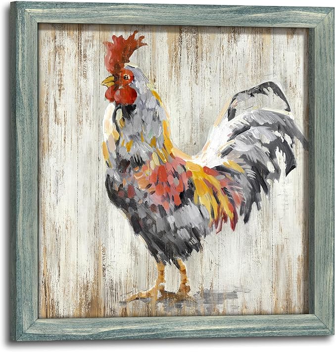 Rustic Wall Art Farmhouse Picture: Chicken Wooden Framed Print Rooster Farm Kitchen Painting Decor Vintage Country Animal Artwork for Home Living Room Bedroom 24 x 24 Inches