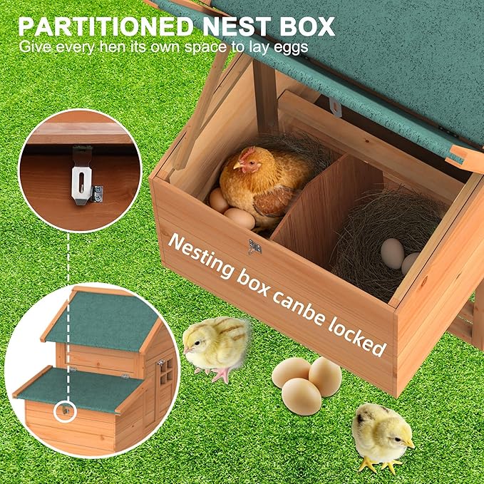 Outdoor Chicken Coop Wooden Hen House Poultry Pet Hutch Run Cage w/Waterproof Asphalt Roof, Ramp, Nesting Box, Wire Fence 121"