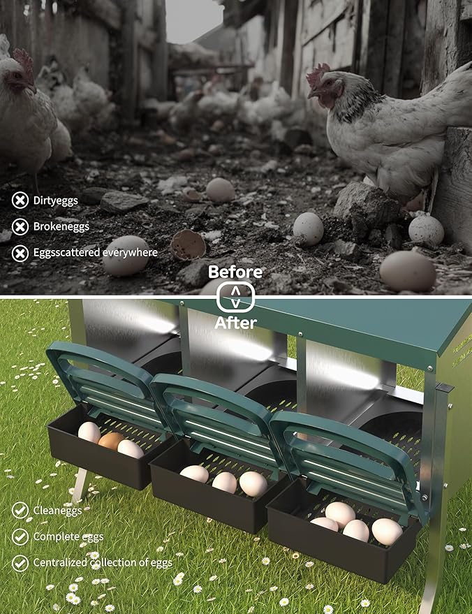 Chicken Nesting Boxes, 3 Hole Metal Rollaway Nest Box for Laying Hens with Cleanable Pull-Out Trays Wall Mount or Placed Design for Easy Egg Collection & Cleaning(Includes Legs)