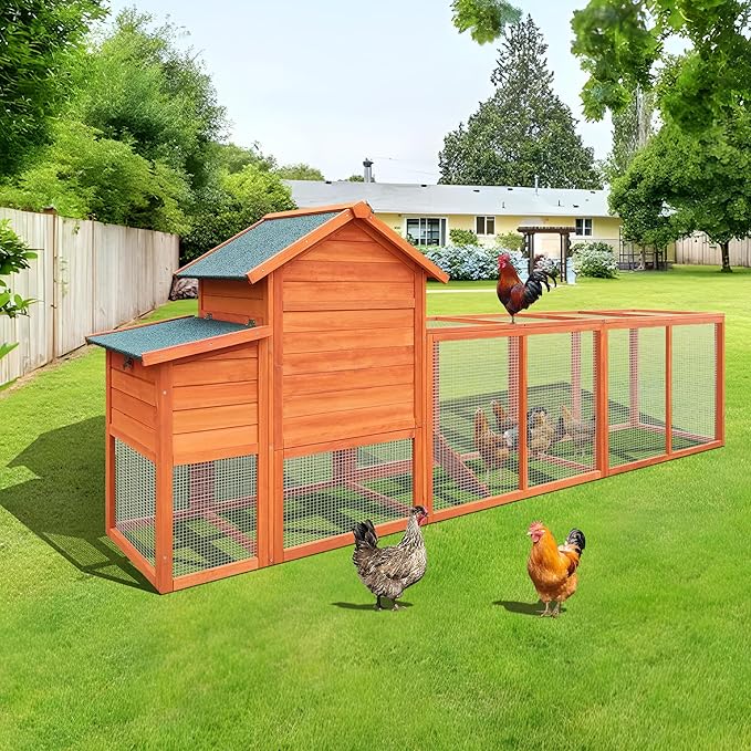 KEIKI 122＂Large Wooden Chicken Coop with Run and Nesting Box, Outdoor Hen House, Wooden Poultry Cage Wire Fence Poultry Cage