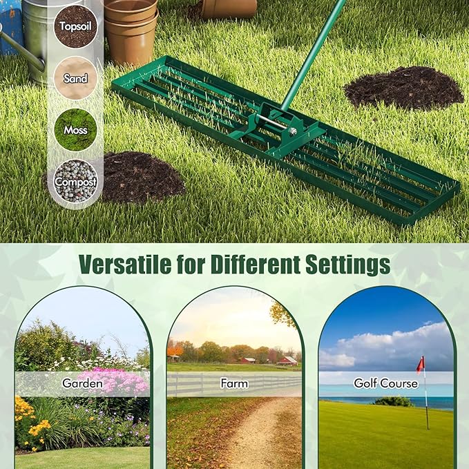 Happygrill Lawn Leveling Rake, Heavy Duty Lawn Level Tool for Soil w/67” Handle, Dirt Ground Leveler, Effort-Saving Landscape Rake for Garden, Backyard, Golf Course, Farm, Pasture (46" x 10", Green)