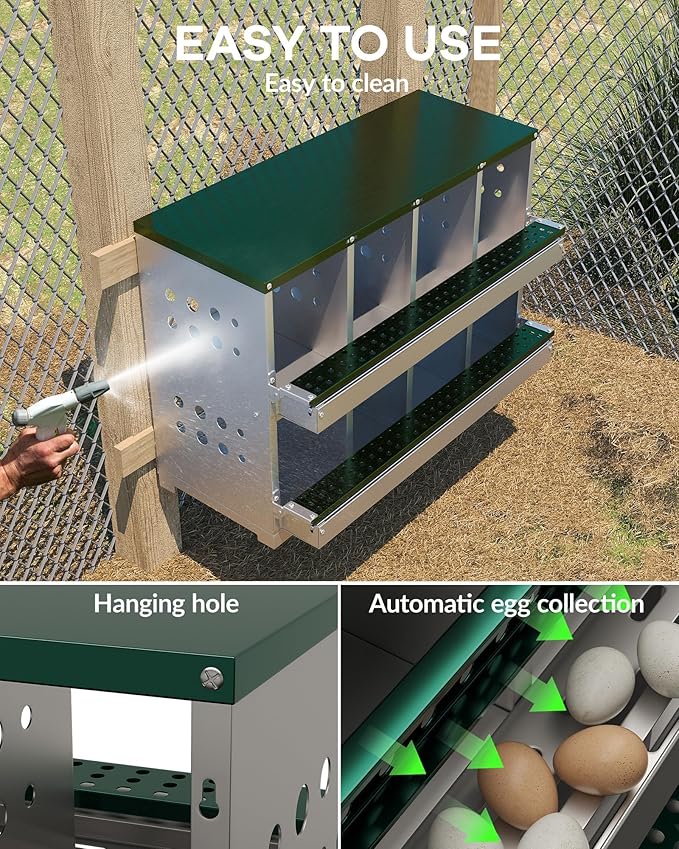 8-Hole Galvanized Metal Chicken Nesting Box with Egg Collection Tray/Fake Training Eggs, Rustproof Poultry Laying Box with Perch Rod,for Chicken Coops and Hens