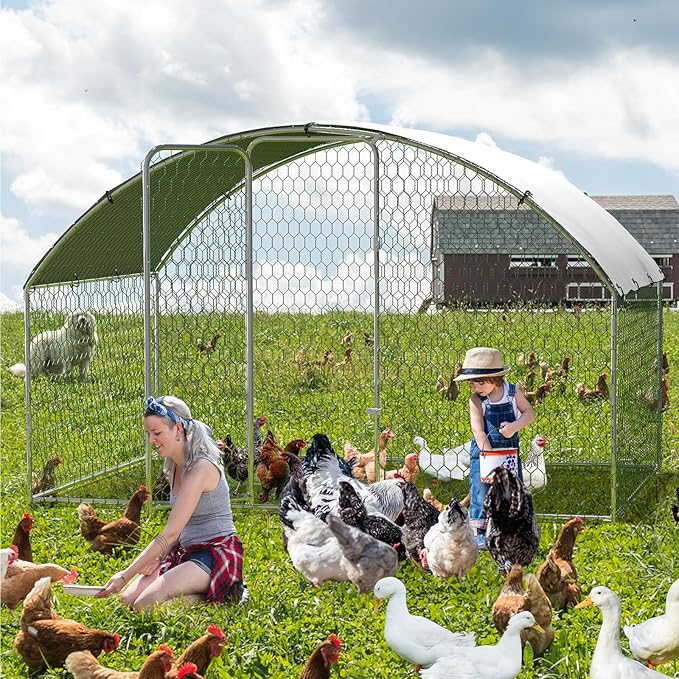 Large Metal Chicken Coop, Dome Roof Chicken Runs for Yard, Walk-in Poultry Cage with Waterproof and Anti-UV Cover, Chicken Pens for Outside Backyard Farm, 6.5 x 9.8 x 6.5 FT