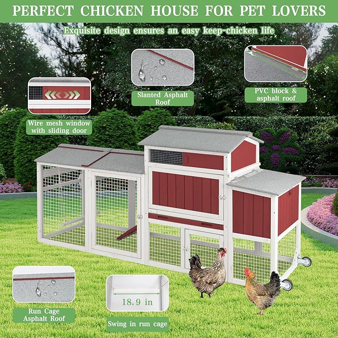 Chicken Coop Mobile Wooden Hen House with Nesting Box,166.4" L Outdoor Chicken House with 4 Wheels and Removable Tray,Fir Wood Chicken Tractor with 12 Ventilation Doors and 2 Ramps,Red
