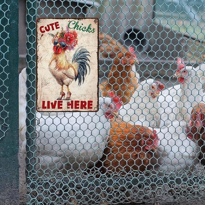 Vintage Chicken Coop Tin Sign Cute Chicks Live Here Retro Metal Poster Funny Pet Lovers Wall Art Accessories for Coop Shop Bar Farmhouse Garden Plaque Farm Room Bathroom Restroom 12 * 8inch