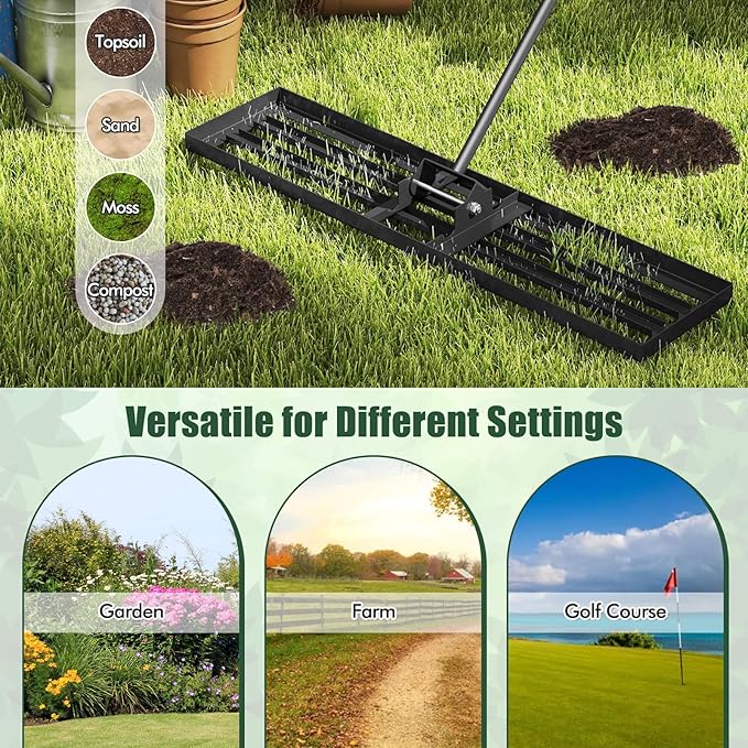 Happygrill Lawn Leveling Rake, Heavy Duty Lawn Level Tool for Soil w/67” Handle, Dirt Ground Leveler, Effort-Saving Landscape Rake for Garden, Backyard, Golf Course, Farm, Pasture (42" x 10", Black)