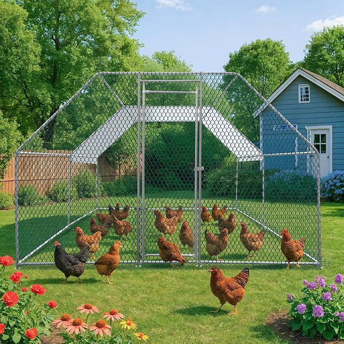 VINGLI Large Metal Chicken Coop, 13.1x9.8x6.5 ft Poultry Cage for Chicken Run, Walk-in Chicken Pen with Waterproof & Anti-UV Cover for Yard Outdoor (Silver-Flat Roof)