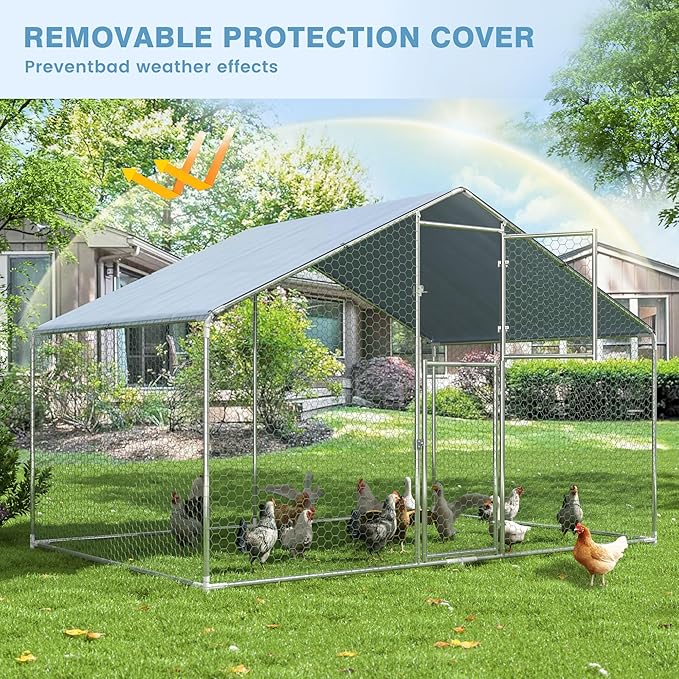 Polar Aurora Metal Chicken Coop, Large Outdoor Chicken Pen, Walk-in Chicken Run for 6-20 Chickens, Double Door Chicken House with Waterproof UV Protection Cover for Backyard (Spire-S)
