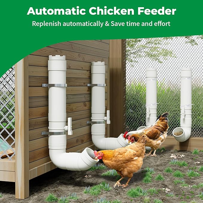 Forestchill Automatic Chicken Feeder with Adjustable Valves, Heavy Duty Plastic Pipe Chicken Coop Feeder of 7 Pounds Capacity, No Waste Hanging Chicken Feeders with 2 Lids