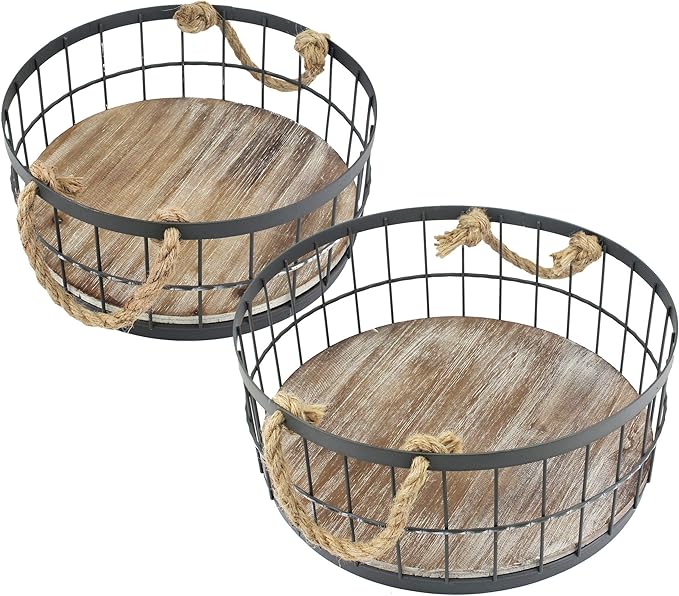 Stonebriar 2pc Round Stackable Metal Wire and Wood Basket Set with Rope Handles, Rustic Decor for Home Storage, Decorative Serving Baskets for Weddings, Birthdays, and Holiday Parties