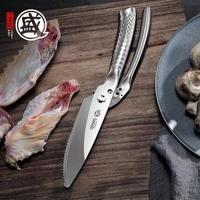 MITSUMOTO SAKARI 10 inch Japanese Kitchen Scissorss, Silver Titanium Plating Kitchen Shears Heavy Duty, Multipurpose Alloy Steel Poultry Shears for Chicken, Meat, Bone & Fish