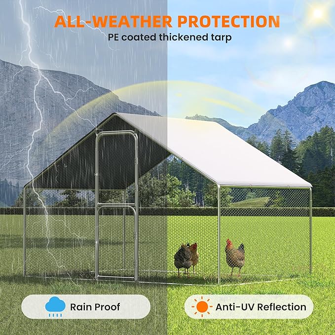 UDPATIO Large Metal Chicken Coop Walk in, Outdoor Heavy Duty Chickens Pen Run w/Cover for 10-15 Chickens - Predator Proof Poultry House