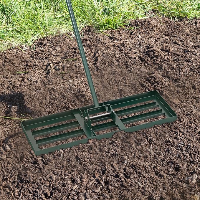 Happygrill Lawn Leveling Rake, Heavy Duty Lawn Level Tool for Soil w/67” Handle, Dirt Ground Leveler, Effort-Saving Landscape Rake for Garden, Backyard, Golf Course, Farm, Pasture (30" x 10", Green)