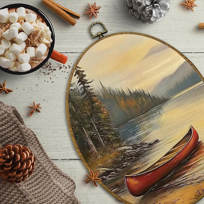 CUANFDDSF Vintage Rustic Lakeside Boat Oval Wall Art Decor, Farmhouse Country Wall Hanging Decor, Retro Countryside Landscape Framed Canvas Prints for Home Bedroom Living Room, 8.6x11.4 Inch