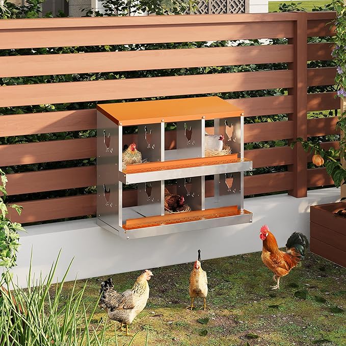 Chicken Nesting Box,6 Compartments Galvanized Steel Metal Chicken Laying Box with Roll Out Egg Collection,Wall Mount Chicken Nesting Boxes,Easy Egg Collection, Hen Roosting Boxes