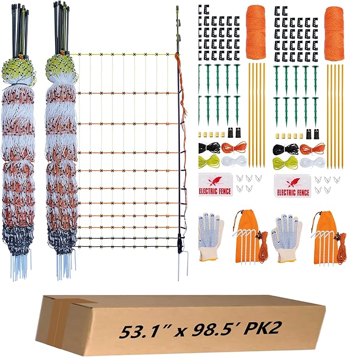 Poultry Electric Netting Fence - 41.3''H (can be Manually Raised to 53.1''H) x 98.5'L for Flying Chicken, Sheep, Goats in Farms, Ranches and Gardens, PK2