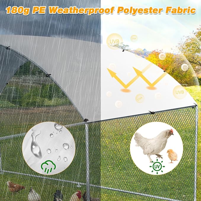 VINGLI Large Metal Chicken Coop, 9.8x9.8x6.5 ft Poultry Cage for Chicken Run, Walk-in Chicken Pen with Waterproof & Anti-UV Cover for Yard Outdoor (Silver-Dome Roof)