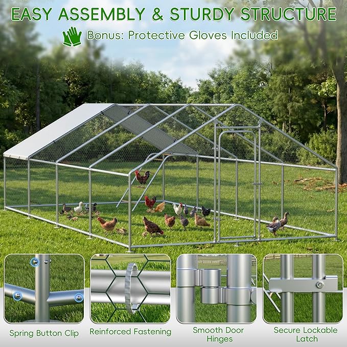 Large Metal Chicken Coop Run with Roosting Perch– Outdoor Waterproof & UV-Resistant Cover for Chickens, Ducks, Rabbits in Yard or Farm Use Spire Roof (13.1'Wx26.2'Lx 6.5'H)
