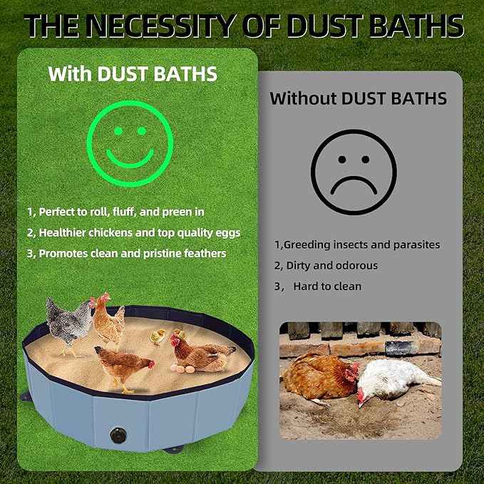 Chicken Dust Bath Tub, Chicken Coop Lime Cleaner Container, 32" D X 8" H PVC Material Foldable Portable Essential Chicken Coop Dusting Accessory. (Blue)