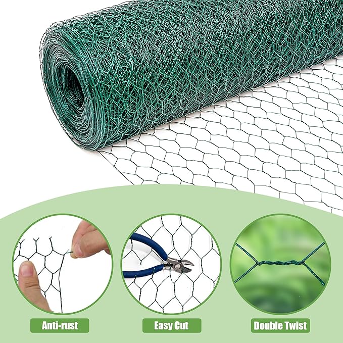 HITTITE Chicken Wire Fencing Mesh, 36in x 100ft Anti-Rust Green Floral Chicken Wire Roll,PVC Coated Wire Mesh Poultry Netting for Crafts and Poultry Garden.
