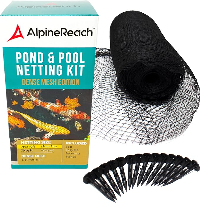 AlpineReach Koi Pond Netting Kit 7 x 10 ft Black Heavy Duty Woven Fine Mesh Net Cover for Leaves - Protects Koi Fish from Blue Heron Birds, Cats & Predators – Reusable & Stakes Included