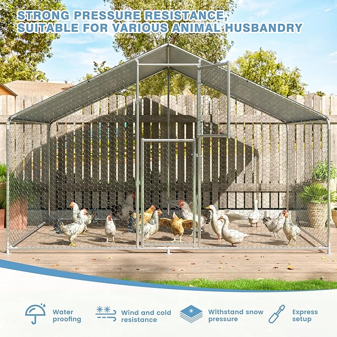Polar Aurora Metal Chicken Coop, Large Outdoor Chicken Pen, Walk-in Chicken Run for 6-20 Chickens, Double Door Chicken House with Waterproof UV Protection Cover for Backyard (Spire-S)