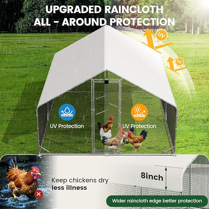 Large Walk-in Metal Chicken Coop with Chicken Run & Hardware Cloth, Solar Light, Waterproof & UV-Resistant Cover, Outdoor Poultry Cage for Farm Use,2 Room