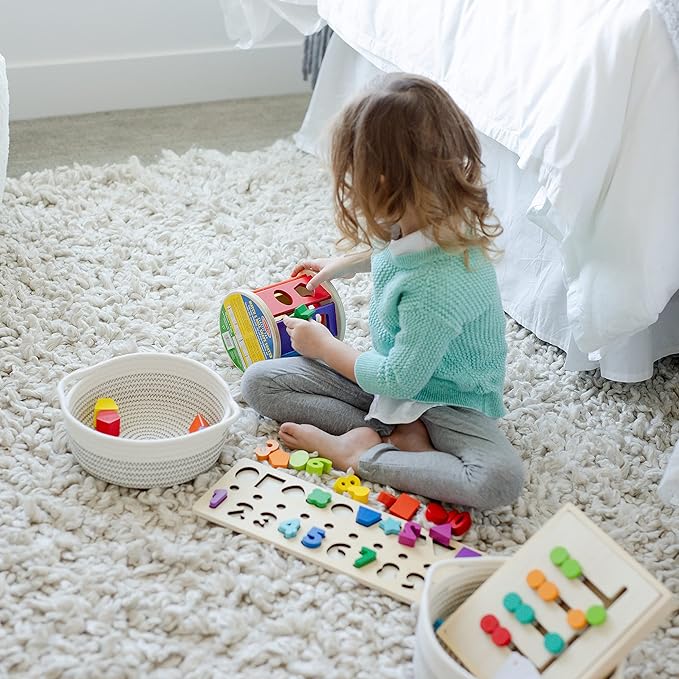 NaturalCozy 5-Piece Round Small Woven Baskets Set– Cotton Rope Baskets for Organizing! Montessori Toys, Fruits Remotes Key Tray Bowl for Entryway Desk, Shallow Catchall Home Décor, Cat Dog Bin Gift