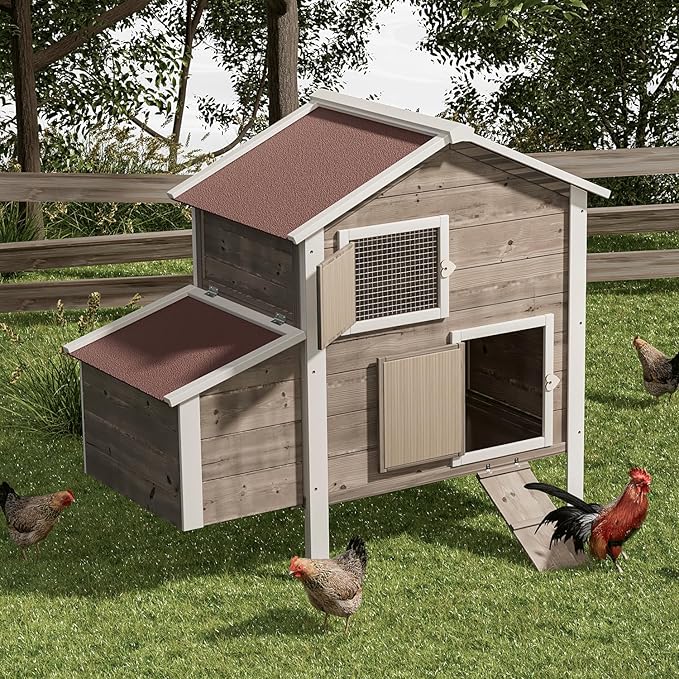 Magshion 46" Large Chicken Coop Rabbit Hutch with 2 Nesting Box, Wooden Raised Hen House with Removable Trays, Outdoor Poultry Cage Pet House with Ramp Run Hen Cage for Garden Backyard