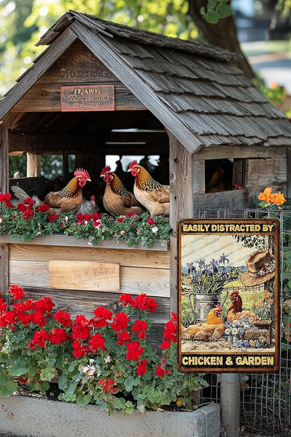 Chicken Vintage Tin Sign Easily Distracted By Chicken & Garden Metal Sign For Garden Home Decor 16x12 Inch
