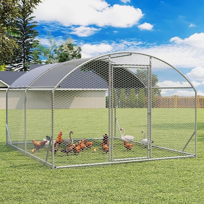 Large Metal Chicken Coop, Walk-in Chicken Run Pen with Waterproof Cover, Dome Roof Poultry Cage for Outdoor, Backyard, Farm
