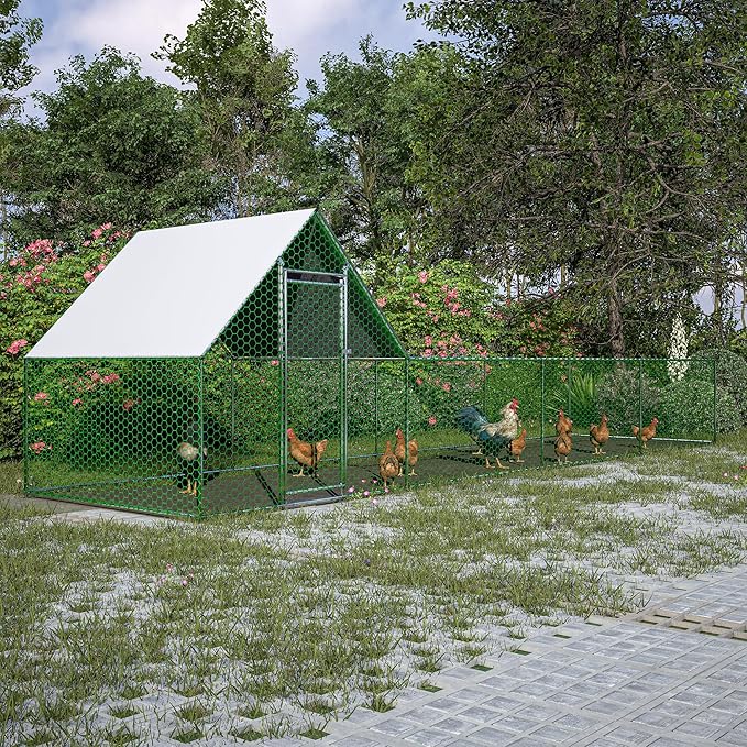 Metal Chicken Coop with Waterproof Cover, 26x6.7x6.6ft Chicken Run for Yard, Outdoor Backyard Farm Walk-in Hen House, Chickens Poultry Cage for Ducks, Rabbits and Small Pets