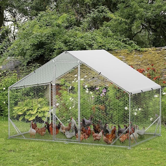 Large Metal Chicken Coop, Walk-in Poultry Cage, Chicken Run Pen House with Reinforcement & Waterproof & Anti-Ultraviolet Cover Chicken Coop Run with Double Lockable Doors for Outdoor 9.8 x 6.5X 6.5ft