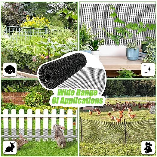 Black Chicken Wire Plastic Garden Fence- 16in x 40ft Plastic Mesh Fencing for Floral Arrangements, Poultry, Animal Barrier, Gardening