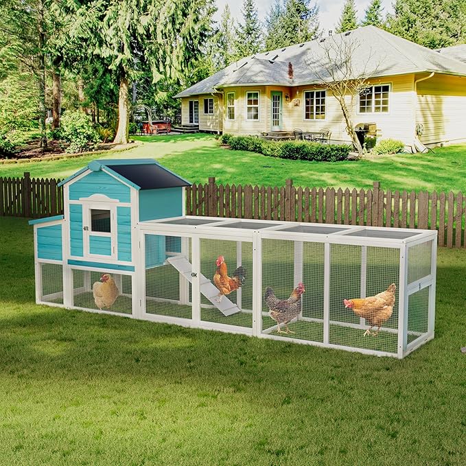 121" Large Chicken Coop with Nesting Box,Wooden Hen House W/Ramp & Sliding Trays,Waterproof Poultry Cage W/Sloped Asphalt Roof & Lockable Door,Poultry Cage for Small to Medium Pets,Blue