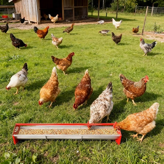 47" Chicken Trough Feeder - Galvanized Steel Feed Trough with Drainage Holes & Red Crossbar for Chicken, Duck, Turkey | Heavy Duty, Rust-Proof & Easy-Clean Design
