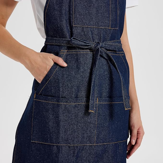 Chef Apron for Men Women with Large Pockets, Adjustable Denim Apron for Cooking, Baking, Gardening
