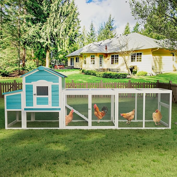 121" Large Chicken Coop with Nesting Box,Wooden Hen House W/Ramp & Sliding Trays,Waterproof Poultry Cage W/Sloped Asphalt Roof & Lockable Door,Poultry Cage for Small to Medium Pets,Blue