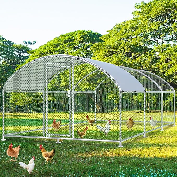 Large Metal Chicken Coop, Chicken Runs for Yard with Cover Walk-in Poultry Cage for 10 20 Chickens, Chicken Pen Duck Coop Hen House with Round Water-Resident Top and Feeding Door 19.2Lx9.84Wx6.23H FT