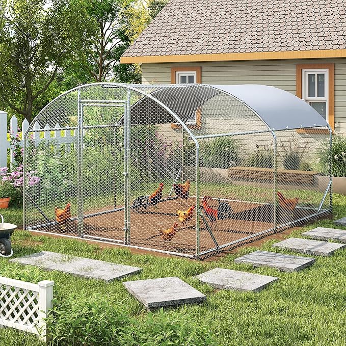 Large Metal Chicken Coop, Walk-in Chicken Run Pen with Waterproof Cover, Dome Roof Poultry Cage for Outdoor, Backyard, Farm (8.96'Wx12.99'Lx6.4'H)